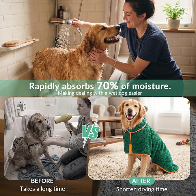 Bienbee Dog Bathrobe, Quick Drying Super Absorbent Pet Robes for Small Medium Large Dogs, Drying Coat for After Bath & Swim, Warm & Cozy Dogs Towels, Dog Puppy Bath Supplies, Green M