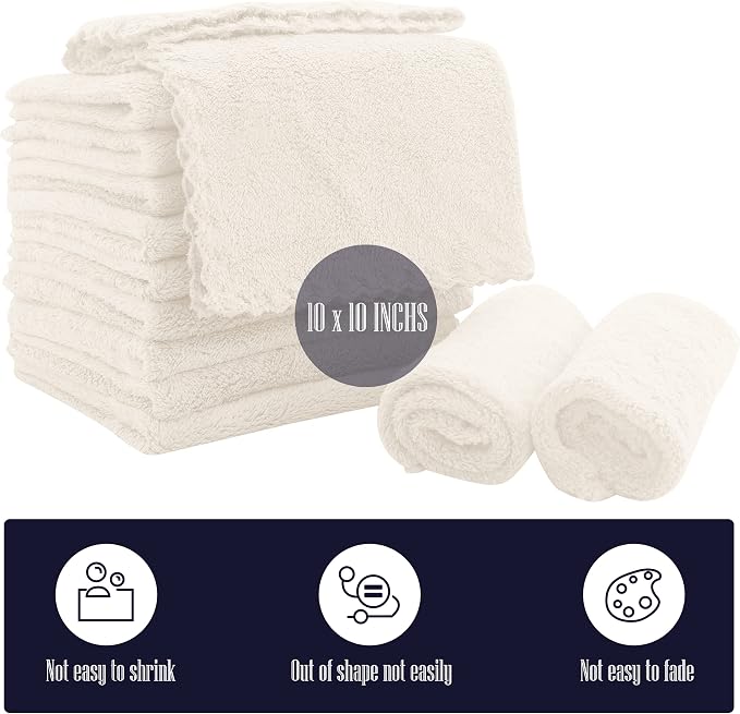 16 Pack Baby Washcloths - Luxury Coral Fleece - Extra Absorbent and Soft Wash Clothes for Newborns, Infants and Toddlers - Suitable for Sensitive Skin and New Born - Baby Shower - Cream, 10x10 Inch