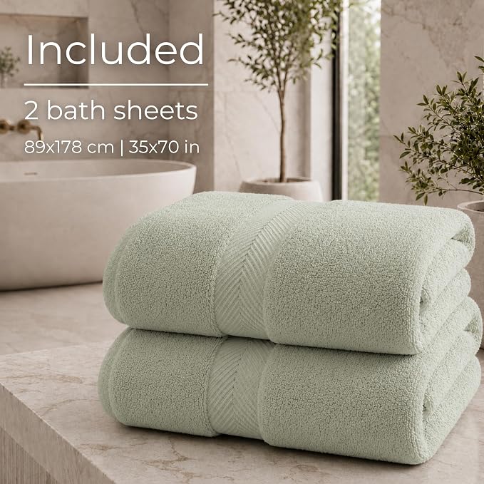 Viscose from Bamboo Bath Sheets Set of 2 - Extra Large 700 GSM Quick Dry Cotton Blend for Luxury Bathroom Comfort - Super Soft, Plush, Absorbent - Eucalyptus