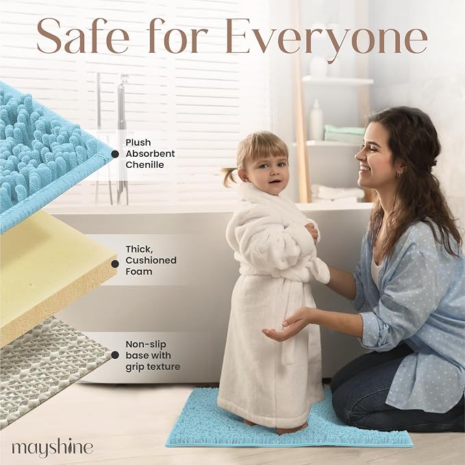 MAYSHINE Small Plush Shaggy Chenille Bath Mat, 24"x17" Extra Soft, Super Absorbent, Non-Slip Bathroom Rug | Fluffy Microfiber, Area Rug Sets for Bathroom Floor, Kitchen, Living Room | Spa Blue