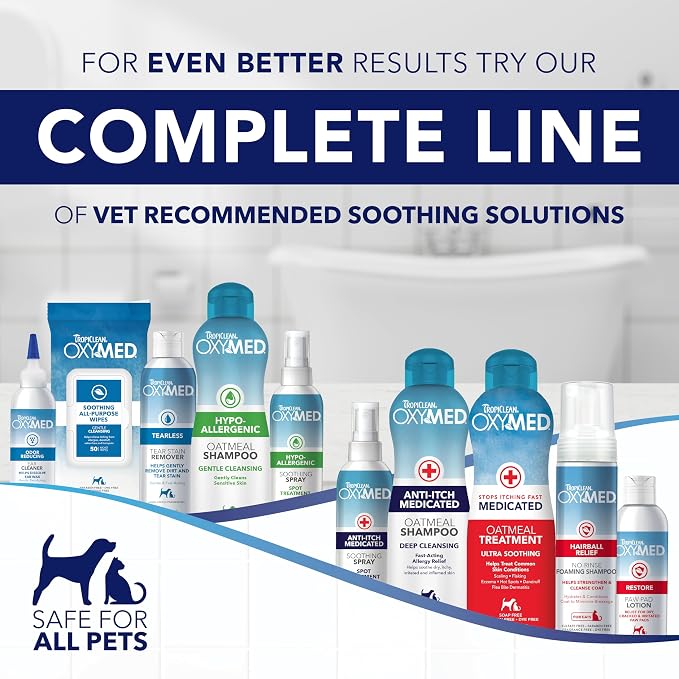 TropiClean Oxymed Cat & Dog Medicated Shampoo for Itchy Skin and Oxymed Medicated Itch Relief Spray Set, Skin Soothing Oatmeal Shampoo for Dogs & Cats | Set of 2