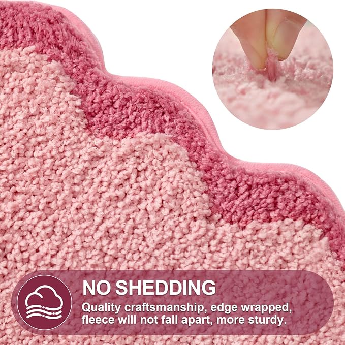 ORTIGIA Small Pink Scalloped Bath Mat, Cute Plush Microfiber Scallop Bathroom Rugs Non Slip Washable Quick Dry Absorbent, Bathmat Carpet for Shower Stall Vanities Kitchen Floor Entrance, 17x24