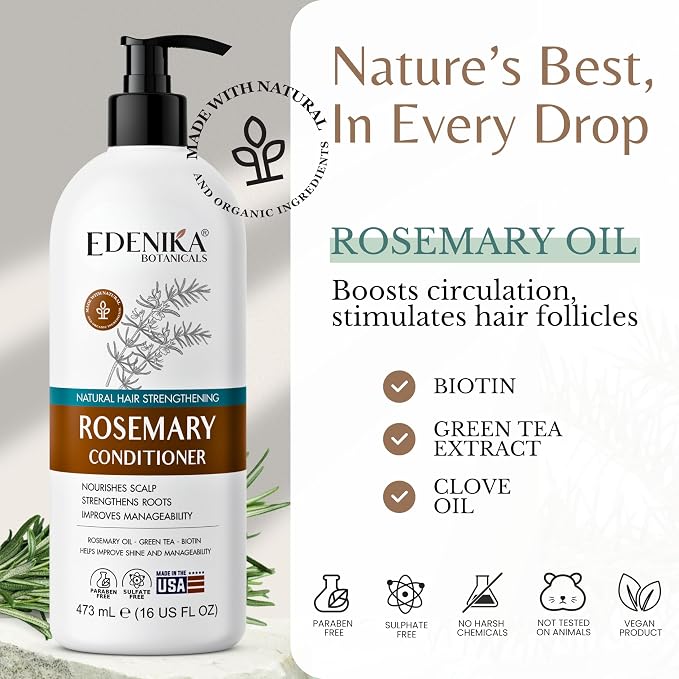 Edenika Botanicals Rosemary Oil Conditioner Treatment with Biotin for Thinning Hair, Anti-Hair Loss, Detangling, Nourishing & Strengthening, Women & Men, Sulfate-Free, Organic, 16 fl oz
