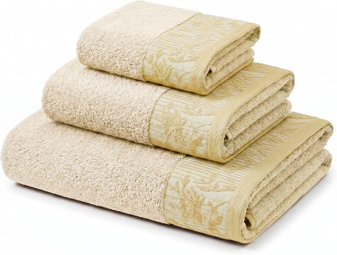 Superior Floral Jaquard Cotton Bathroom Towels, 3pc Towel Set, Ivory | Soft Absorbent Quick Dry Terry Weave, Hotel Quality, Wisteria Towels Includes 1 Bath Towel, 1 Hand Towel, 1 Face Washcloth