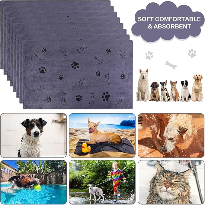 Chumia 8 Pcs Microfiber Dog Towels for Drying Dogs Cats 55 x 28 Inch Pet Towels Bulk for X-Large Puppy Absorbent Fast Drying Paw Bath Bathing Supplies for Pets(Dog Paw and Bone, Gray)