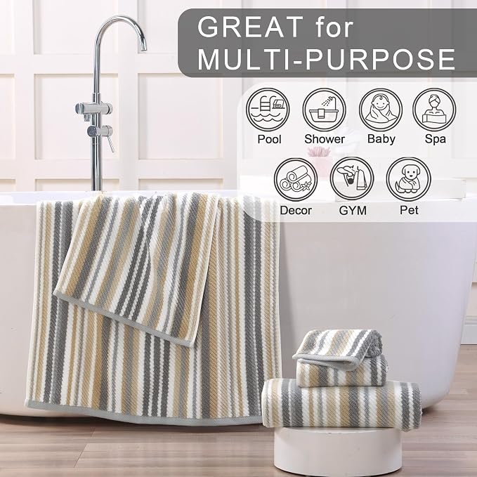 Beige Striped Hand Towels, Bathroom Hand Towels Set of 4, 16"x27" - 100% Cotton | Quick Dry | Absorbent | Light Weight, Soft Towel Set for Showering & Guest, Luxury Towel Gift, Tan and Gray