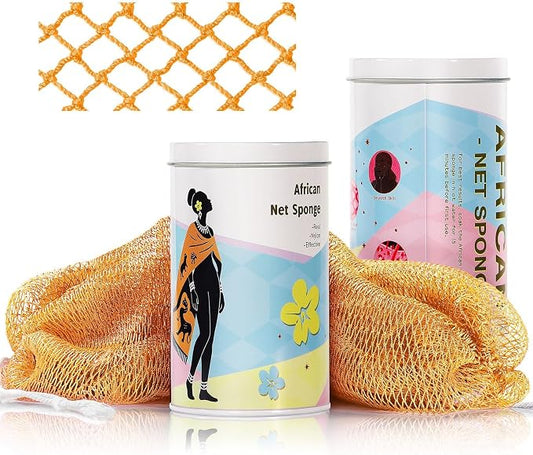African Net Sponge Exfoliating Glove for Body and Face, Double Knotted Bath Sponge for Deep Cleansing and Gentle Exfoliation, Reusable and Quick-Dry (Orange)