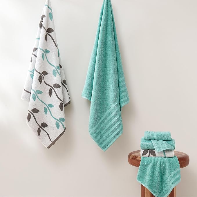 Amrapur Overseas Modern Threads 6 Piece Bath Towel Set – Bathroom Set with 2 Bath Towels, 2 Hand Towels, and 2 Wash Cloths – 100% Cotton, Super Absorbent & Extra Soft – Reversible Natural Vine (Aqua)