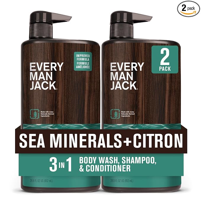 Every Man Jack Sea Minerals + Citron Hydrating Mens 3-in-1 All Over Wash for All Skin and Hair Types - Body Wash, Shampoo and Conditioner with Naturally Derived Ingredients - 28.8oz (2 Pack)