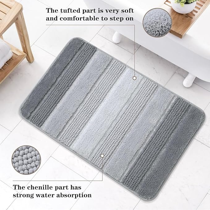 Kmson Ombre Chenille Bathroom Rugs, 24"x36" Non-Slip Bath Mat for Shower Floor & Bathtub, Ultra Soft Washable Shaggy, Fluffy Thick Water Absorbent Microfiber Grey