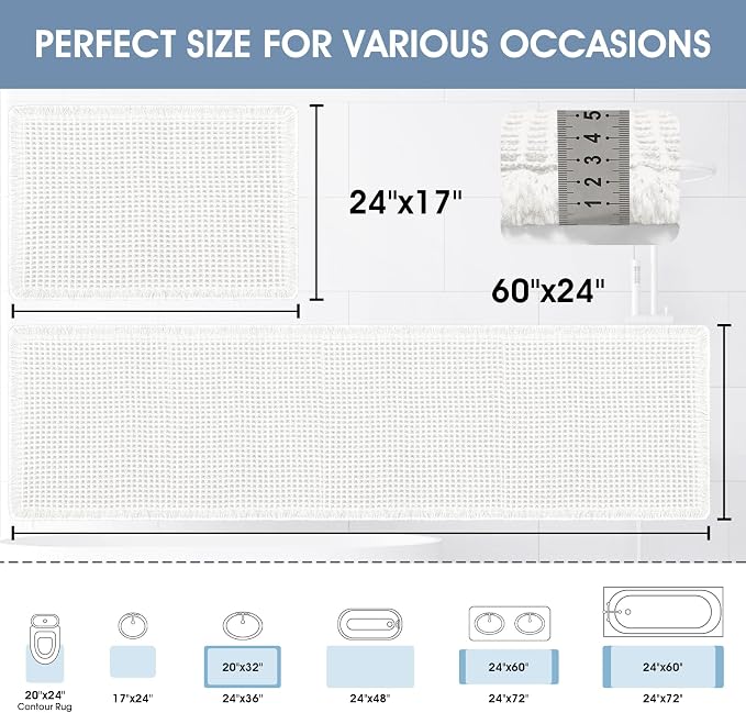 Upgraded Waffle Bath Mat Set 2 Piece White, Super Absorbent Non-Slip Quick Dry Bathroom Rugs with Tassels, Machine Washable Ultra Soft Boho Bath Rugs for Floor, Toilet Mats Boho Farmhouse Decor
