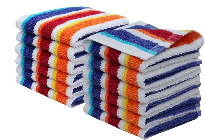 ORIGINAL KIDS Wash Cloth - 12 Pack 100% Cotton Yarn-Dyed Terry Washcloths - 450 GSM Quick Dry Soft Absorbent Gentle Baby Face Towels for Bathroom Travel Daycare - 12 x 12 inches - Cabana Stripe Multi