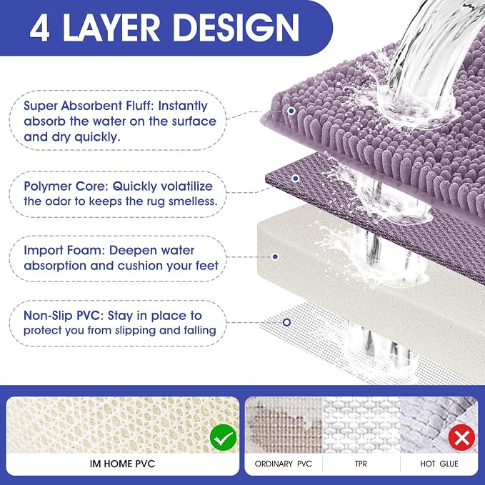 ACCUMTEK Striped Lavender Bathroom Rug Mat Set 2 piece 32"x20"+24"x17" Ultra Soft, Non Slip Chenille Bath Rugs, Absorbent Plush Shaggy Bath Mats for Bathroom, Bedroom, Kitchen, Shower, Tub