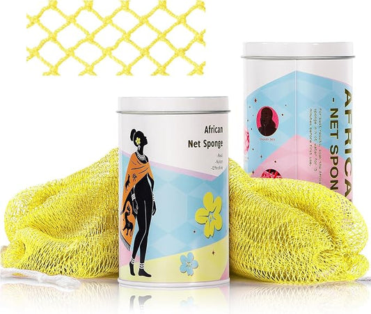 African Net Sponge Exfoliating Glove for Body and Face, Double Knotted Bath Sponge for Deep Cleansing and Gentle Exfoliation, Reusable and Quick-Dry （ Yellow ）