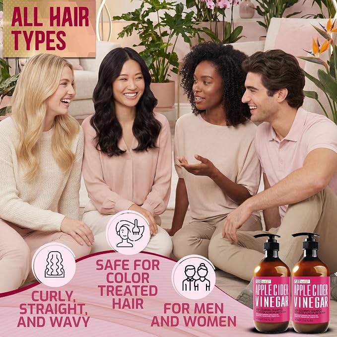 Apple Cider Vinegar Shampoo and Conditioner Set - Sulfate Free, Anti Itch Formula for Flaky Scalp - Buildup Remover for Oily Hair - Frizz Control for Women and Men - 16 Fl Oz (Set of 2)