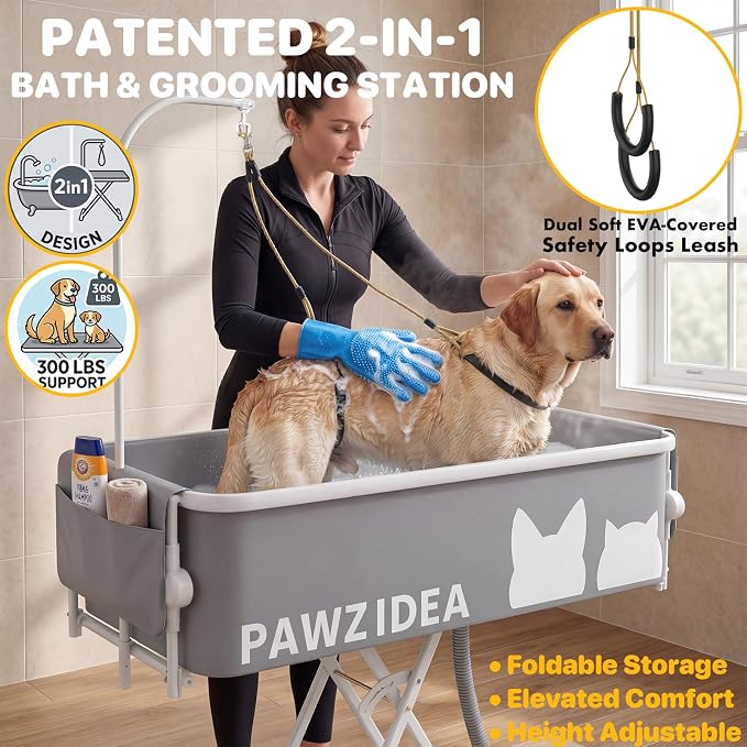PAWZIDEA 2-in-1 Portable Dog Bathtub & Grooming Table for Medium to Large Dogs up 150lb, 43" Foldable Dog Washing Station, 5-Height Adjustable Elevated Pet Shower Bath, 1.8" Fast Drain, Indoor Outdoor