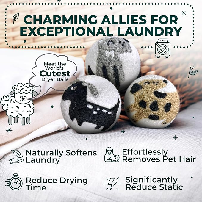 Chemical Free & Baby Safe! Reusable Wool Dryer Balls XL 6-Pack - Reduces Static, Cuts Dry Time, & Softens Naturally