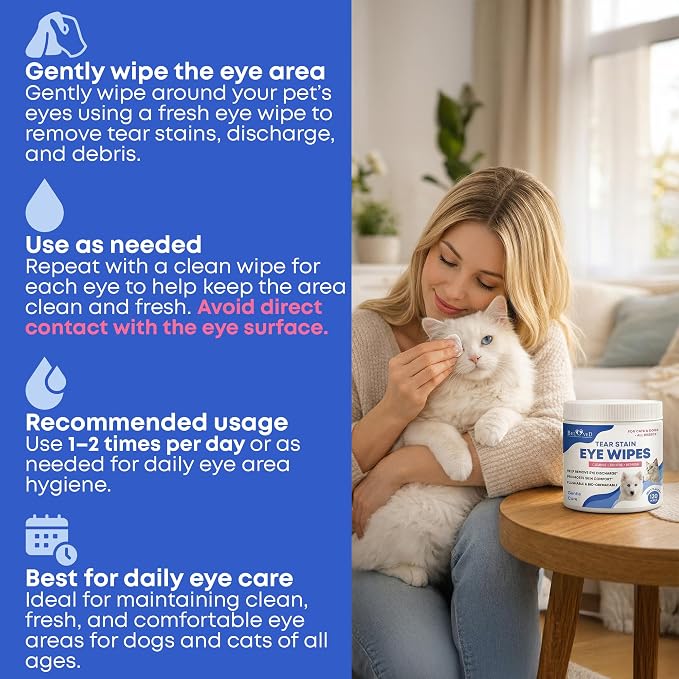 Beloved Pets Cat & Dog Eye Wash Wipes & Tear Stain Remover, Cleaner | Eye Infection Treatment Helps Prevent Pink Eye, Relief Allergies Symptoms, Runny, Dry Eyes - Safe for Small Animals