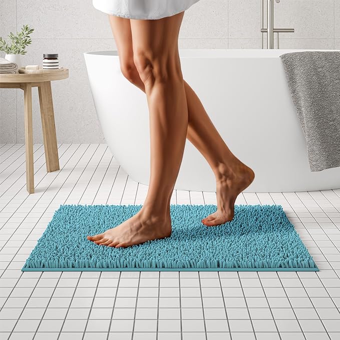 MAYSHINE Plush Shaggy Chenille Bath Mat | Extra Soft, Super Absorbent, Non-Slip Bathroom Rug | Fluffy Microfiber, Area Rug Sets for Bathroom Floor, Kitchen, Living Room | 32"x20" | Maui Blue