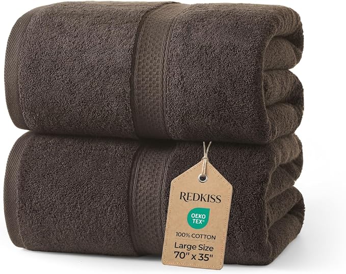 REDKISS 2 Pack 70"x35" Extra Large Bath Sheets for Bathroom - 100% Cotton Soft and Quick Dry Brown Bath Towels for Adults, Full Body Coverage Shower Towel, Perfect for Pool, Yoga & Travel,