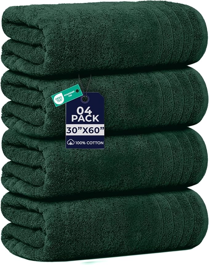 DAN RIVER Extra Large Bath Towels Set of 4, 30 x 60 Inches - 100% Cotton Larger & Lighter Weight Towels for Bathroom - Quicker to Dry, Super Soft & Highly Absorbent Towels for Home, Hunter Green