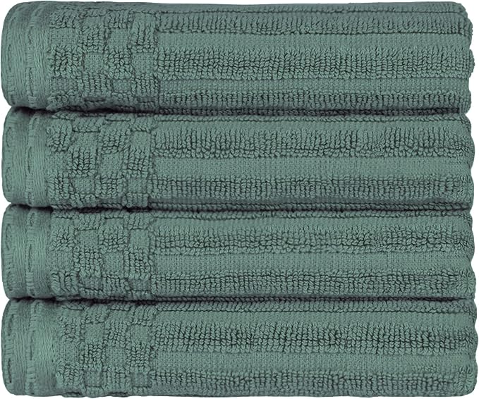 Superior Cotton 4-Piece Solid and Ribbed Hand Towel Set, Hand Towels- 16" x 28", Basil