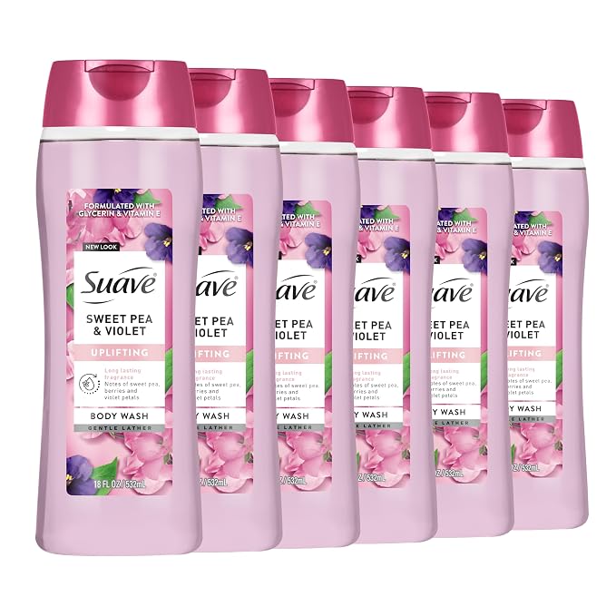 Suave Moisturizing Body Wash, with Sweet Pea Violet and Vitamin E Extract, No Parabens, No Phtahaltes, 18 Fl Oz (Pack of 6)