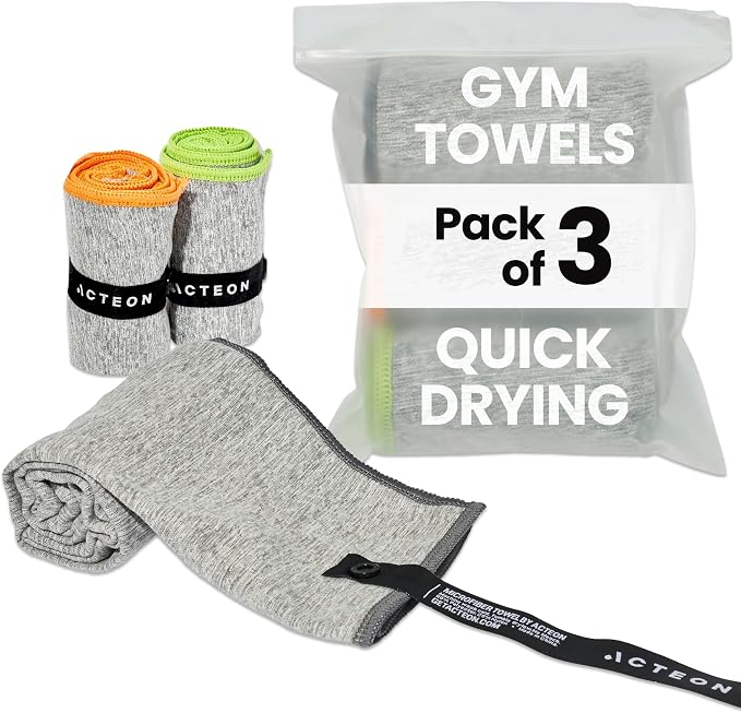 Acteon Microfiber Quick Dry Gym Towel, Silver ION Odor-Free Mega Absorbent Fiber Fast Drying Men Women Workout Gear for Body Sweat, Camping, Working Out Travel Towels – 3 Pack, 30x16, Heather Grey