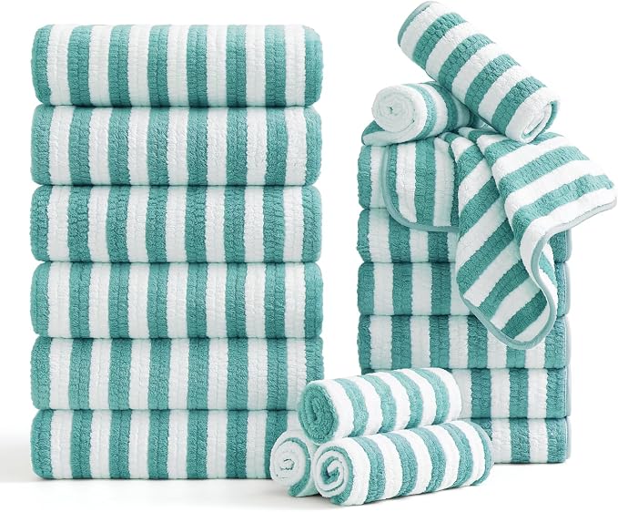 Smuge 18 Pcs Bath Towel Set, Include 6 Bath Towel Sheets, 6 Hand Towels and 6 Washcloths - Highly Absorbent Quick Dry Microfiber,Ultra Soft Bathroom Towel Set with Hanging Loop - Sea Blue