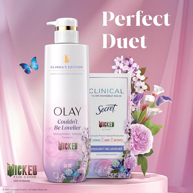 Olay Body Wash for Women, Couldn't Be Lovelier Glinda's Edition, Intensely Hydrating & Renewing, Pro-Hyaluronic Acid Serum with Vitamin B3, For All Skin Types, Raspberry & Bubbles Scent, 20 fl oz