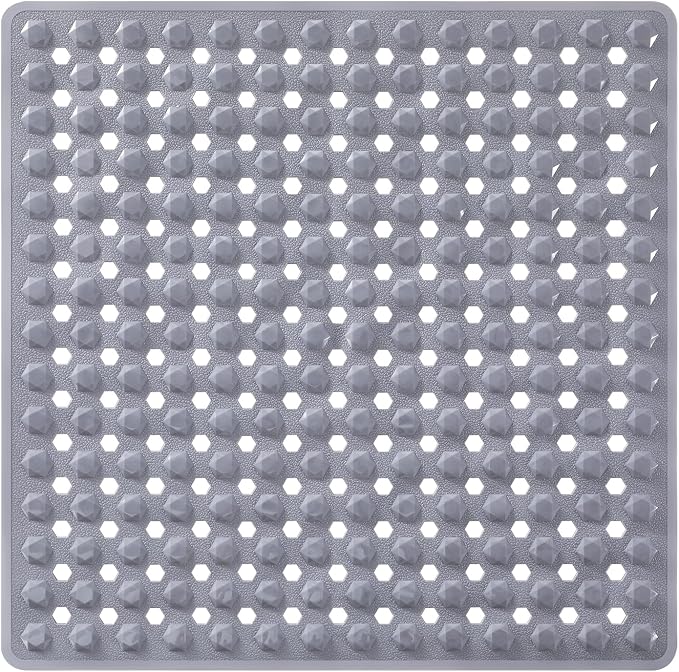 Yimobra Square Shower Floor Mat Non Slip, 21"X21" Machine Washable Bath Tub Mat, Soft on Feet, Bathmat with Drain Holes and Suction Cups, Fast Draining, Grey
