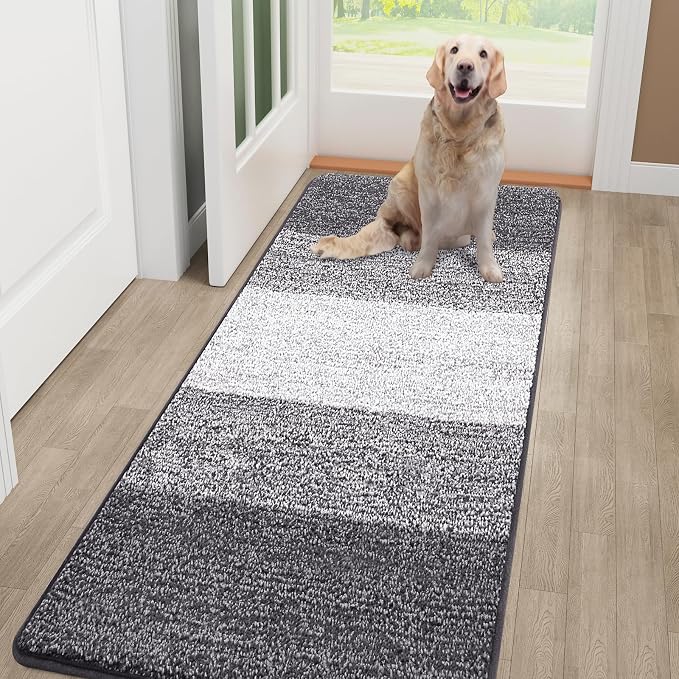Smiry Dog Door Mat for Muddy Paws, Absorbs Moisture and Dirt, Low-Profile Entryway Mat with Non-Slip Backing, Entry Indoor Outdoor Doormat for Inside Floor (54x32 Inches, Light Grey, Striped)