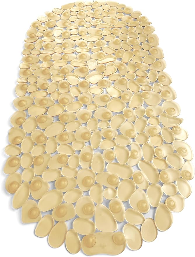 “Pebbles” Non-Slip Bathtub & Shower Mat 27”x14” Oval - Non-Toxic - Safe, Clean, Machine-Washable, Superior Grip & Drainage, Vinyl, for Smooth Floors ONLY, Transparent Light Brown