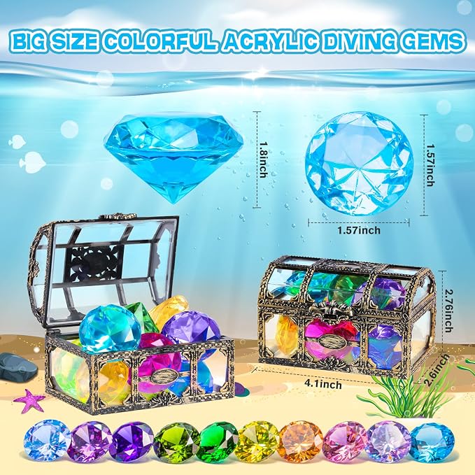 Diving Gem Pool Toy 10PCS DISHIO Big Colorful Diamond Diving Toy with Treasure Box Chest Pirate Pool Toys for Kids Toddlers Underwater Sinking Dive Gemstone for Swimming Bath Birthday Party Decoration