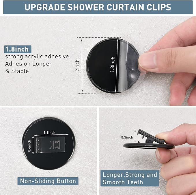 Kitosun Adhesive Shower Curtain Clips - Bath Shower Water Splash Guards Hold the Shower Liner to Keep Water in Shower | Stop Wind | Protect Privacy | (8PCS, Black)