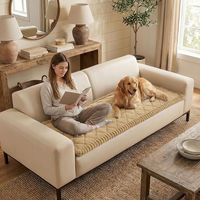 Smiry Couch Cover for Dogs, Non Slip Washable Pet Sofa Protector for Large Dogs, Cats, Fuzzy Plush Sofa Covers for 3 Cushion Couch, Against Fur, Dirt & Scratch Resistant, Camel, 35.4"×88"