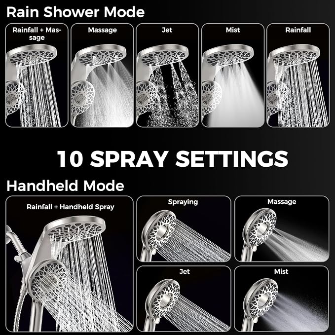 High Pressure Rain Shower Head with Handheld Spray Combo: Detachable Dual Shower Head with 10 Sprays Modes - Upgrade Knob Spray Mode Selector and Magnetic Guidance Docking System
