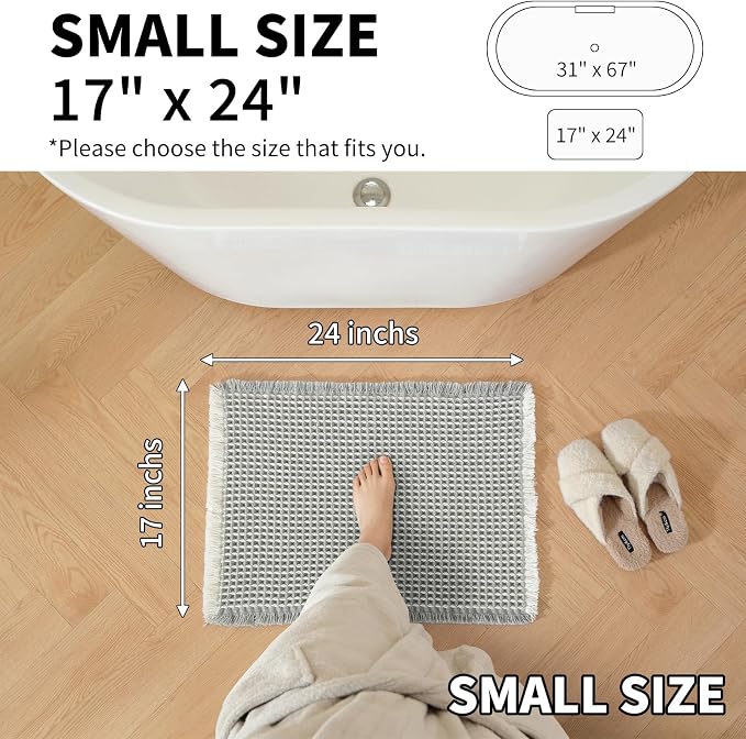 Waffle Bath Mat - Super Water Absorbing Bath Mat Quick Dry, Bathroom Rugs Non Slip Washable, Rubber Backed Bathroom Mat for Bathroom Floor, Tub and Shower, 17" x 24", Light Grey & White