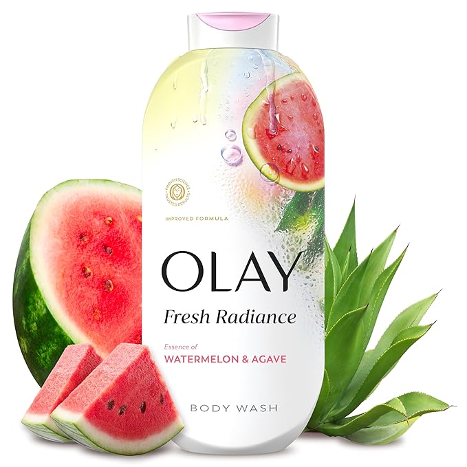 Olay Body Wash for Women, Fresh Radiance, 24/7 Skin-Loving Freshness, Visibly Radiant, Plant Based Cleansers, Vitamin B3 & Antioxidant Blend, For All Skin Types, Watermelon & Agave Scent, 22 fl oz