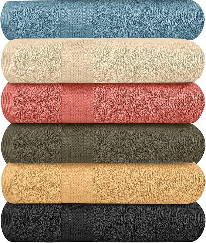 KAHAF COLLECTION 6 Pack Bath Towels Set (27 x 54 Inches) 100% Ring Spun Cotton, Lightweight, Quick Dry, Highly Absorbent Towels Multicolor, (27x54) Inches