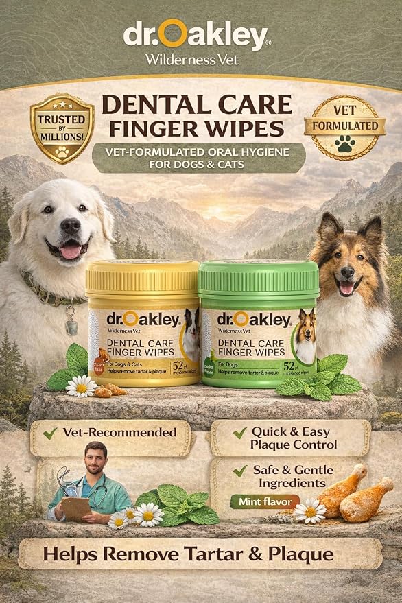 Dr. Oakley Dog Dental Wipes Finger Dental Care - Mint Flavor | Teeth Cleaner, Plaque Remover