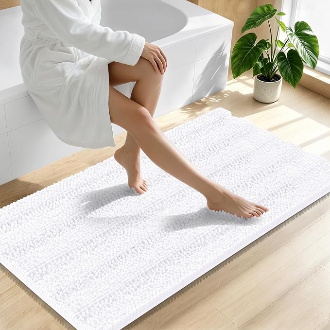 Smiry Thick Chenille Bathroom Runner Rugs 47x24, Extra Absorbent Striped Bath Mat, Machine Washable, Rubber Backing, Long Bath Rugs for Tub & Shower, Modern Home Decor Accessories, White