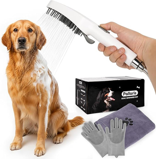Dog Shower Attachment with 4 Spray Modes, 6.5ft Stainless Steel Hose & Metal Diverter – Easy-Install Kit with Grooming Gloves and Absorbent Microfiber Pet Towel – Indoor/Outdoor Use