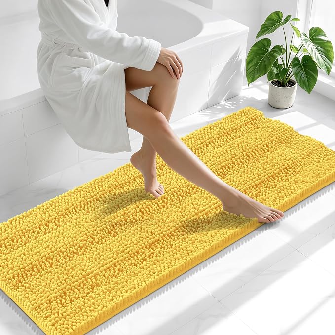 Smiry Thick Chenille Bathroom Runner Rugs 59x20, Absorbent Striped Bath Mat, Machine Washable, Rubber Backing, Extra Long Bath Rugs for Tub & Shower, Modern Home Decor Accessories, Yellow