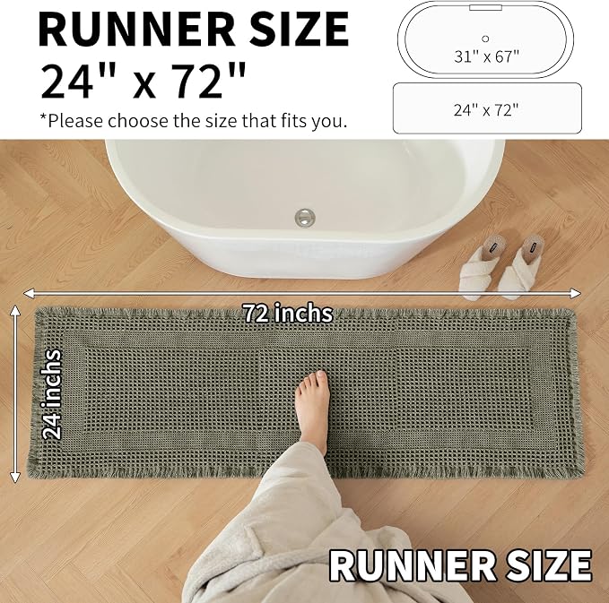 Waffle Bath Mat - Super Water Absorbing Bath Mat Quick Dry, Bathroom Rugs Non Slip Washable with Tassels, Rubber Backed Bathroom Mat for Bathroom Floor, Tub and Shower, 24" x 72", Olive Green