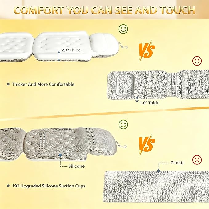 Full Body Bath Pillow, Luxury Bath Cushion with 192 Suction Cups, Bath Pillows for Tub for Head and Neck Support, with Laundry Bag White, 51" x 16"