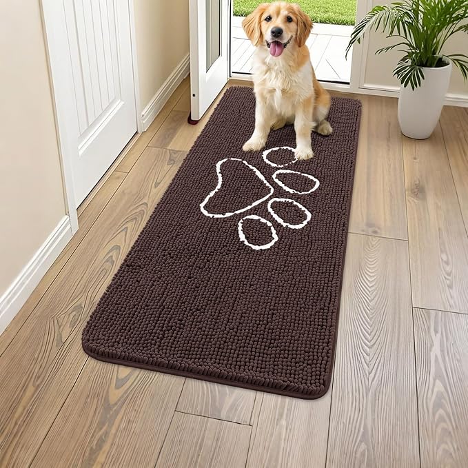 Smiry Dog Door Mat for Muddy Paws, Absorbent Dirt Trapper Non Slip Quick Dry Washable Chenille Mat for Mud Dogs, Entry Rug for Indoor and Outdoor (44x24 Inches, Brown and White)