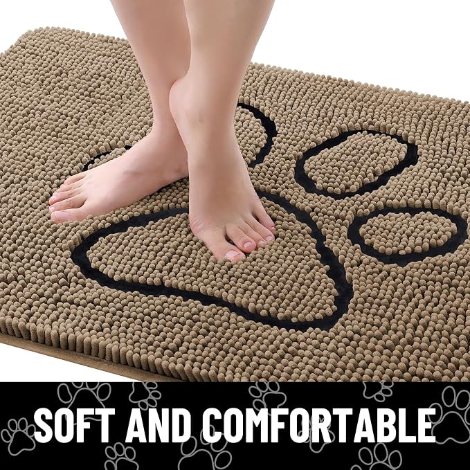 Smiry Dog Door Mat for Muddy Paws, Absorbent Dirt Trapper Non Slip Quick Dry Washable Chenille Mat for Mud Dogs, Entry Rug for Indoor and Outdoor (24x16 Inches, Camel and Black)
