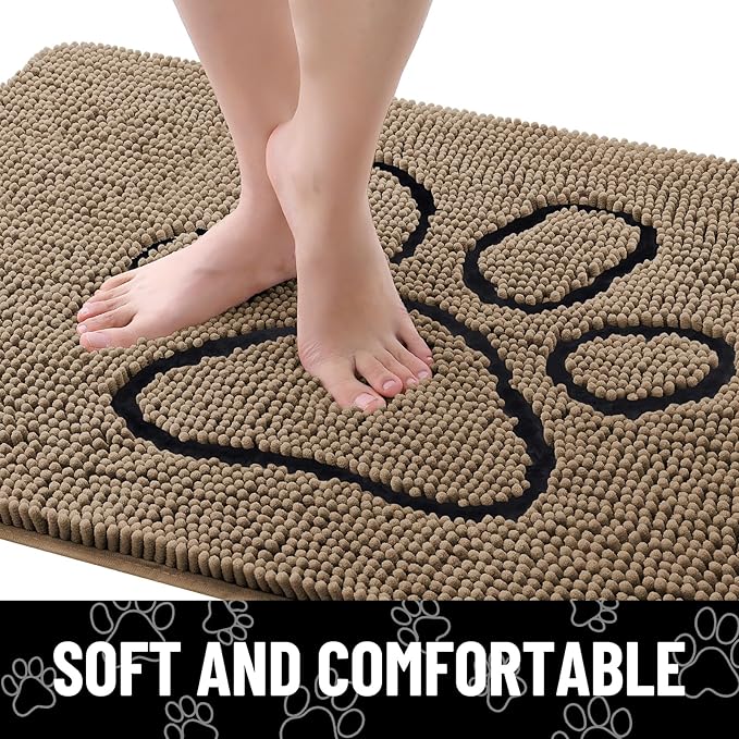Smiry Dog Door Mat for Muddy Paws, Absorbent Dirt Trapper Non Slip Quick Dry Washable Chenille Mat for Mud Dogs, Entry Rug for Indoor and Outdoor (40x24 Inches, Camel and Black)