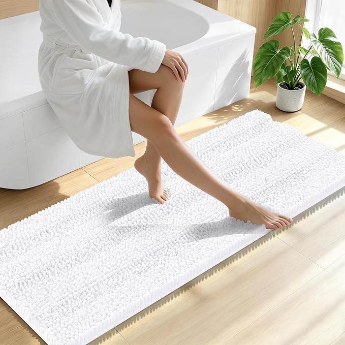 Smiry Thick Chenille Bathroom Runner Rugs 59x20, Absorbent Striped Bath Mat, Machine Washable, Rubber Backing, Extra Long Bath Rugs for Tub & Shower, Modern Home Decor Accessories, White